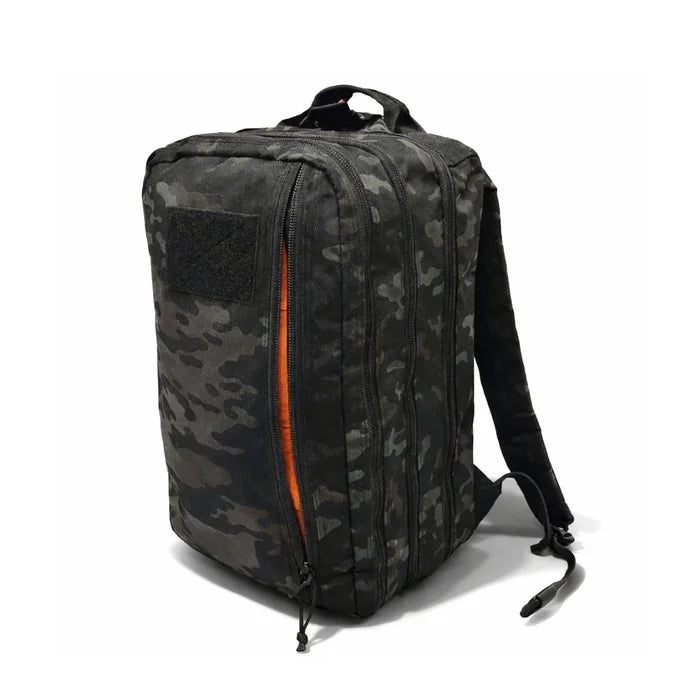 12 Hour Plus Backpack 500D back view in MCAMBLACK. 24L USA-made EDC pack with blaze orange interior by Recycled Firefighter.