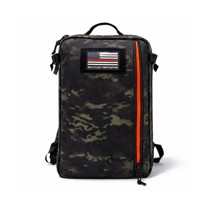 24 Hour PLUS Backpack 500D in MCAMBLACK. 28L USA-made EDC pack by Recycled Firefighter in 500D Cordura with full clamshell access.