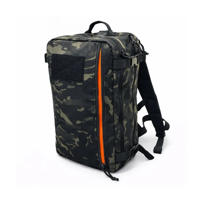 24 Hour PLUS Backpack 500D back view in MCAMBLACK. 28L USA-made EDC pack by Recycled Firefighter.