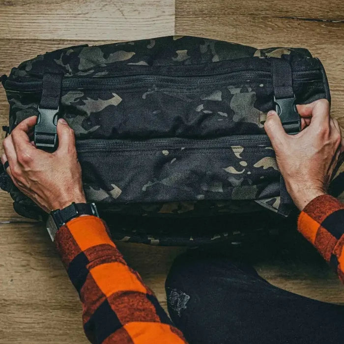 24 Hour PLUS Backpack 500D side profile in MCAMBLACK. 28L USA-made EDC pack in 500D Cordura by Recycled Firefighter.
