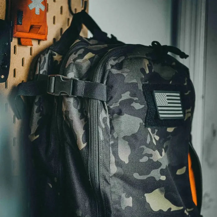 24 Hour PLUS Backpack 500D top handle detail. 28L USA-made EDC pack in 500D Cordura by Recycled Firefighter.