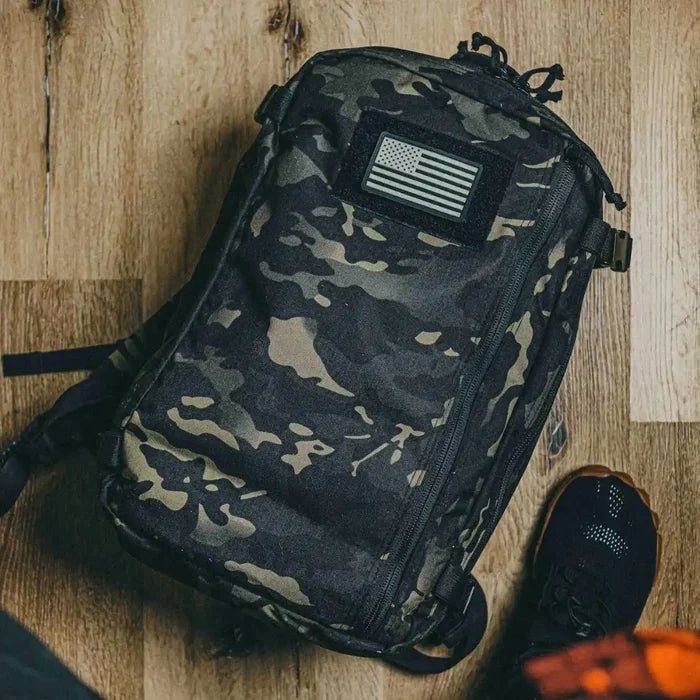 24 Hour PLUS Backpack 500D open clamshell view. 28L EDC pack by Recycled Firefighter showing internal organization.