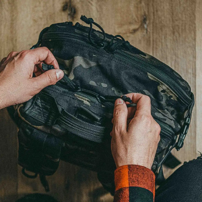 24 Hour PLUS Backpack 500D MOLLE webbing detail. 28L USA-made EDC pack by Recycled Firefighter.