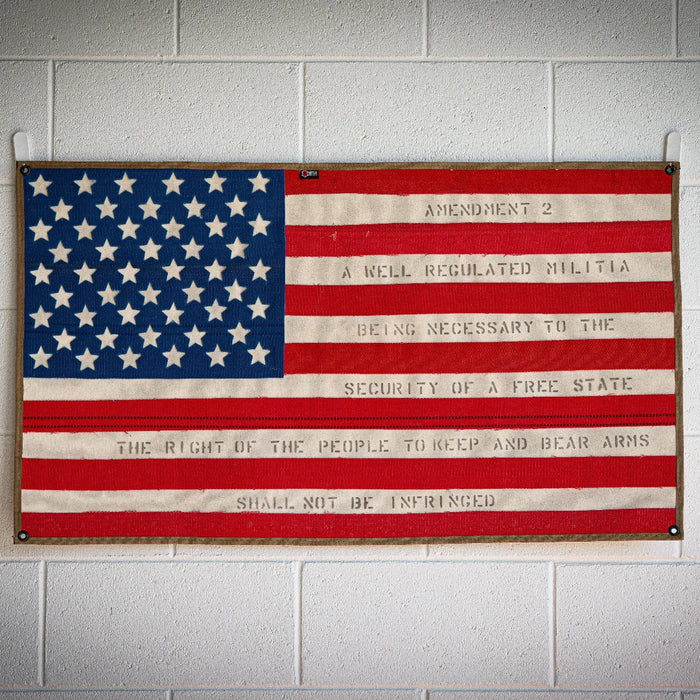 American Flag Second Amendment edition close-up — 24x42 USA-made wall art with 2A text in fire hose stripes by Recycled Firefighter.