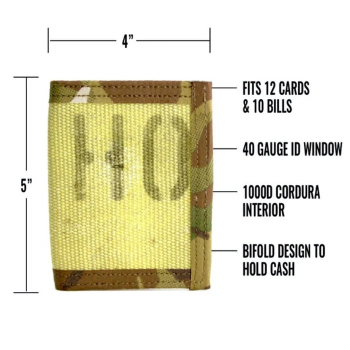 Captain Wallet bifold specs — 4 by 5 inches, fits 12 cards and 10 bills, 40 gauge ID window, 1000D Cordura interior — Recycled Firefighter