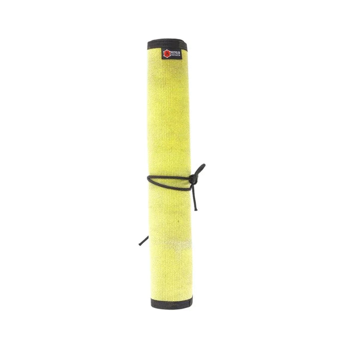 Drop Zone Mat — Yellow Black variant in repurposed yellow fire hose with 1000D nylon backing, laid flat for tools and gear staging.