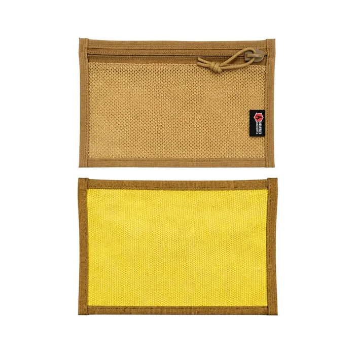 The Flat EDC Pouch Firehose in vintage yellow & coyote by Recycled Firefighter. Tactical design meets professional durability standards.