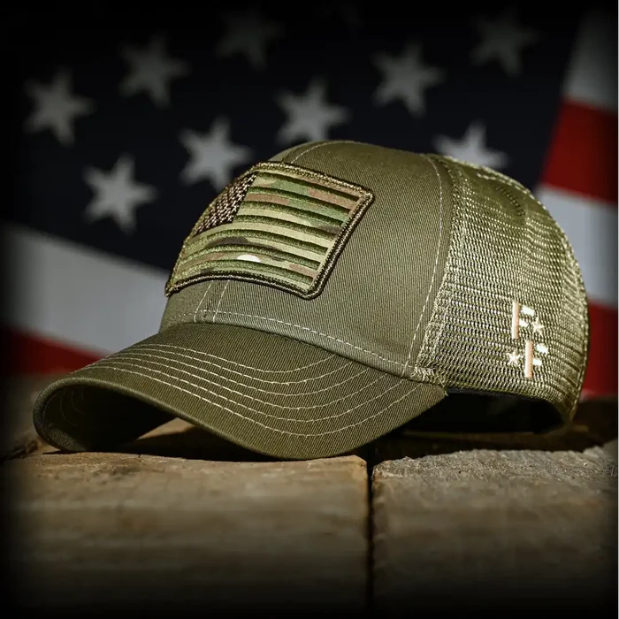 MultiCam Flag Patch OD Green Ball Cap, front left view