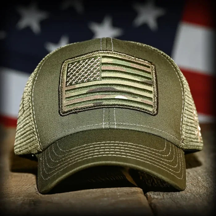 MultiCam Flag Patch OD Green Ball Cap, front view