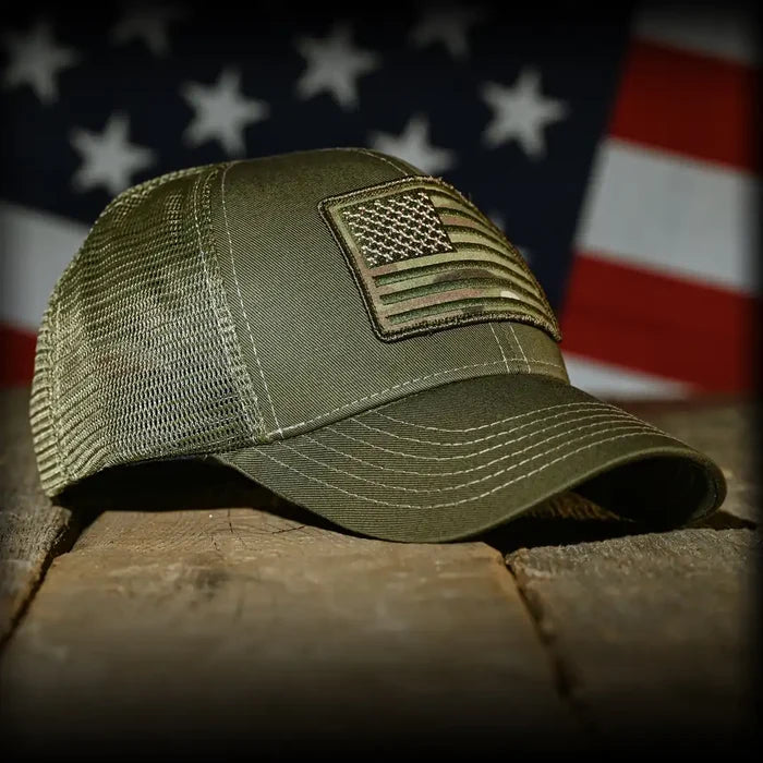 MultiCam Flag Patch OD Green Ball Cap, front right view