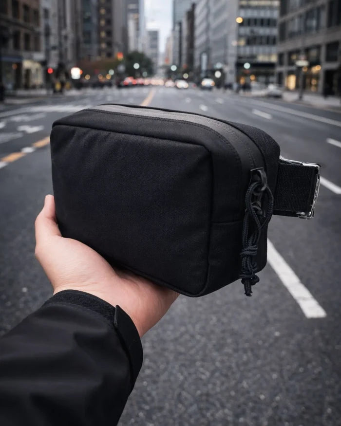 The Black-Out Fanny Pack open view — two interior stash pockets and bottom elastic pocket for organized EDC carry.