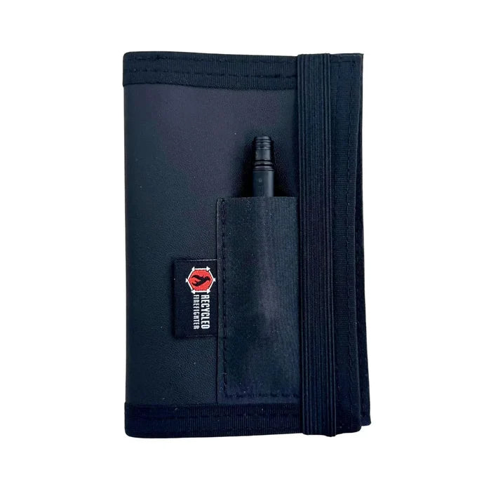 The Inspector Notebook - Combat Leather Edition in Black Leather by Recycled Firefighter — USA-made notebook cover from recycled military combat boot leather with military 1 inch nylon webbing edging, fits 3.5 by 5.5 inch side-fold notebooks.